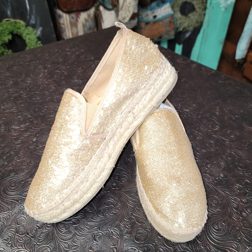 Steve Madden 9B Popi Platform Gold Glitter sequins Espadrille Loafers